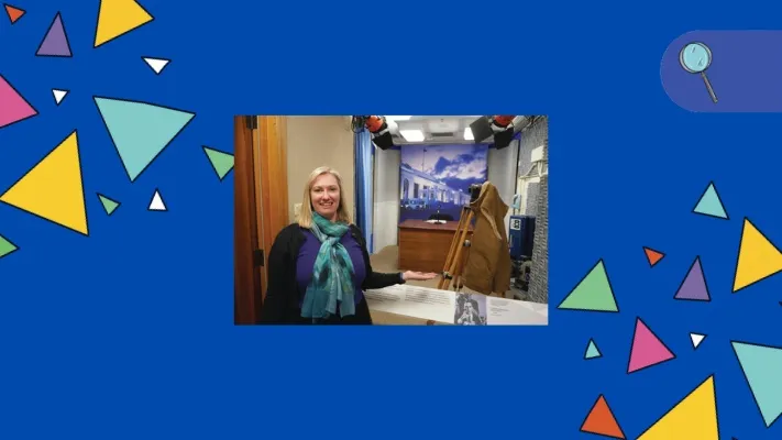 A woman stands in a recreated TV studio in Old Parliament House. A woman stands in a recreated TV studio in Old Parliament House.