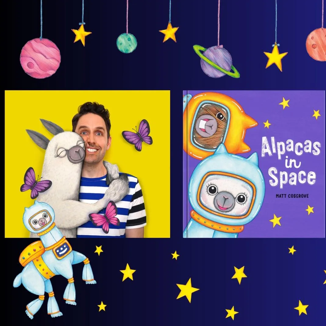 Book cover of Alpacas in Space along with a picture of the author, Matt Cosgrove, and other illustrations.