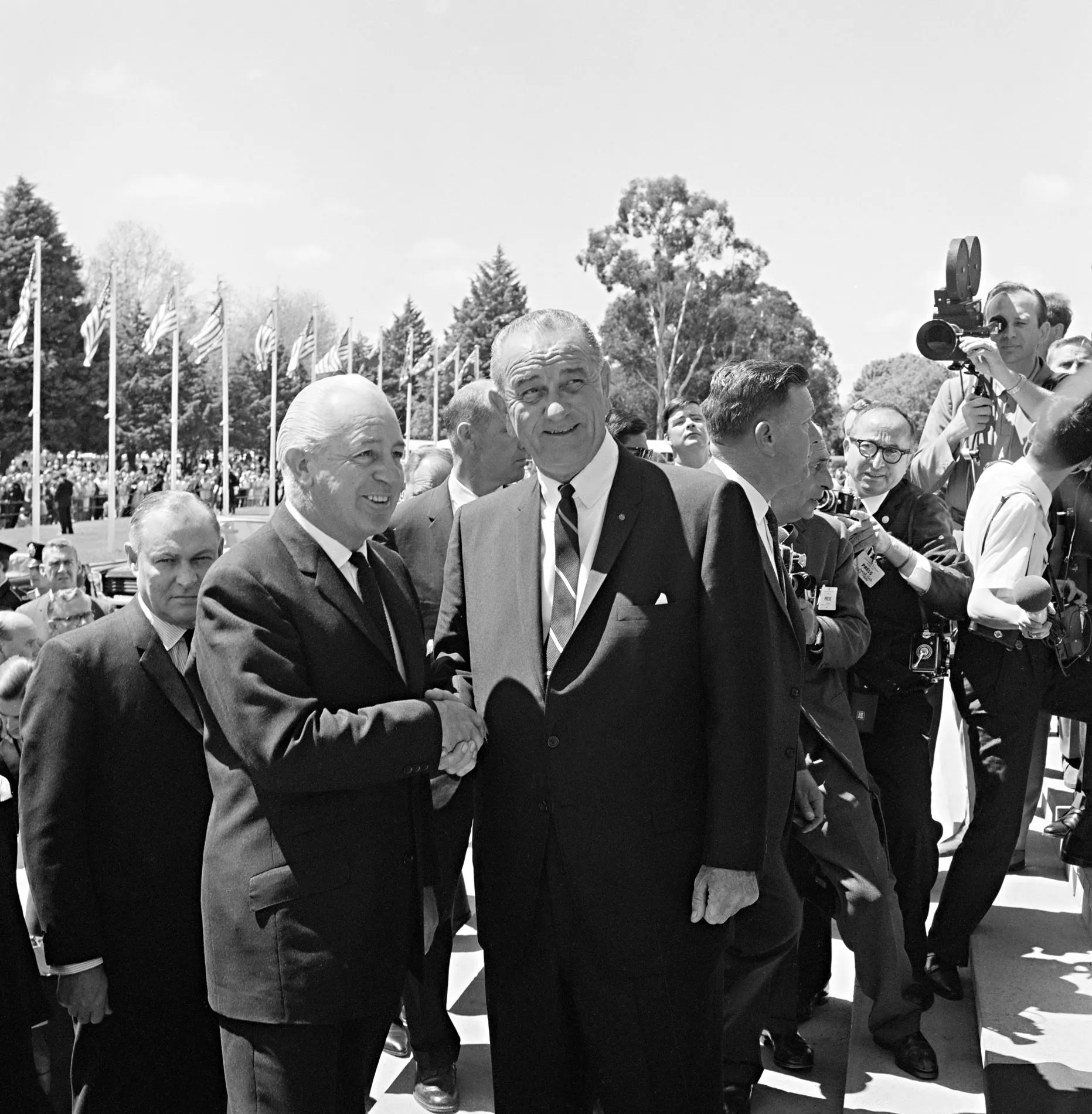Prime Minister Harold Holt on the steps of Parliament House with US President Lyndon B Johnson during an official visit, 1966. Photograph Australian News and Information Bureau, photographer W Pederson, NAA: A1200, L57447 Prime Minister Harold Holt and US President Lyndon B Johnson on the steps of Parliament House.