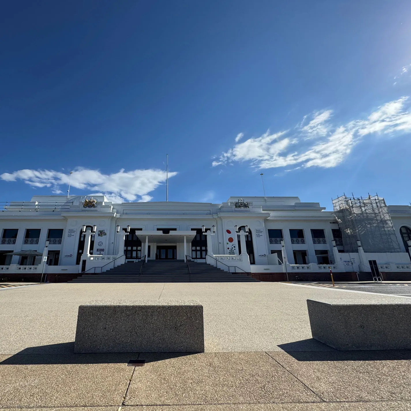 The front of Old Parliament House in Canberra with scaffolding on the right of the buildling. The front of Old Parliament House in Canberra with scaffolding on the right of the buildling.