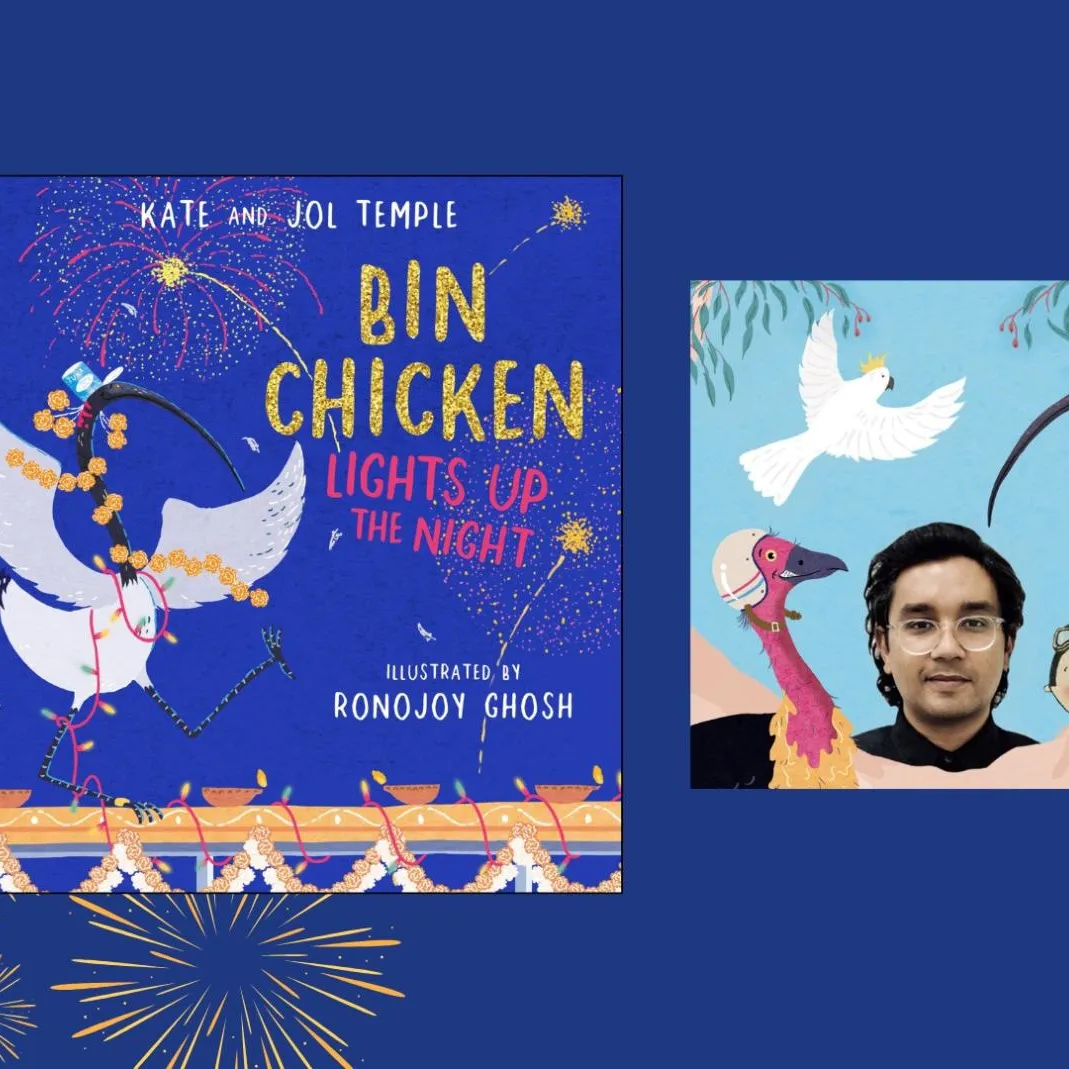 The cover of Bin Chicken Lights Up The Night picture book along with photos of the authors, Jol Temple and Ronojoy Ghosh.