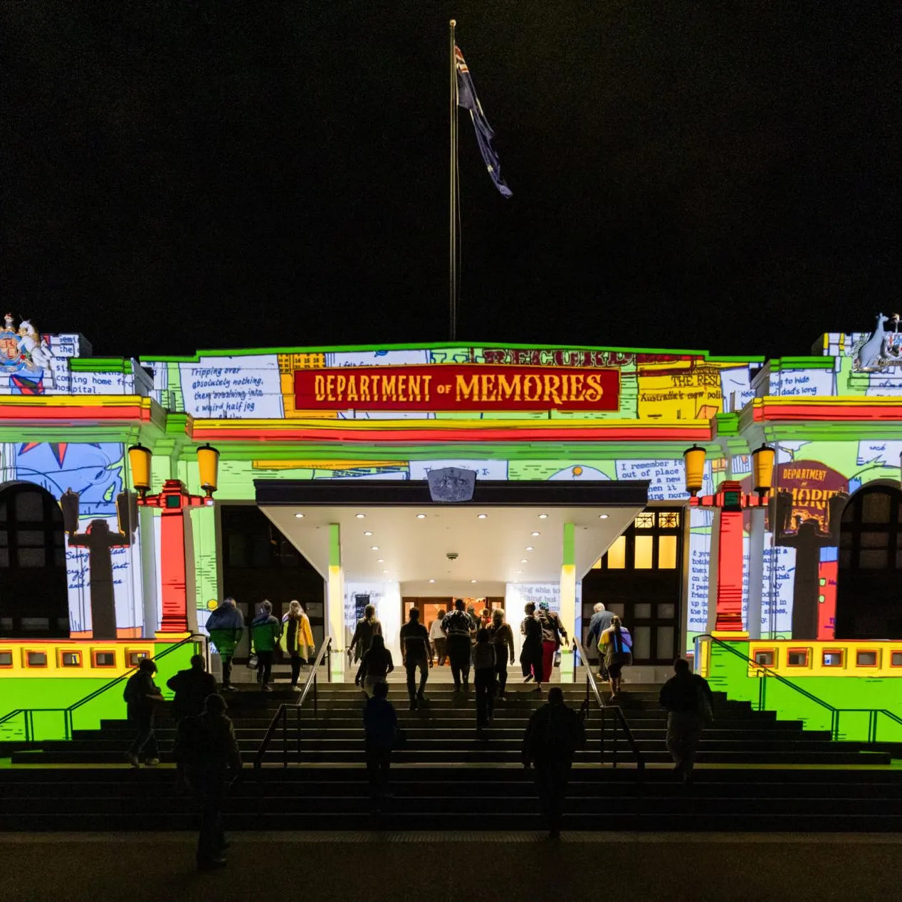 The front of Old Parliament House illuminated with illustrations and text that reads 'Department of Memories'.