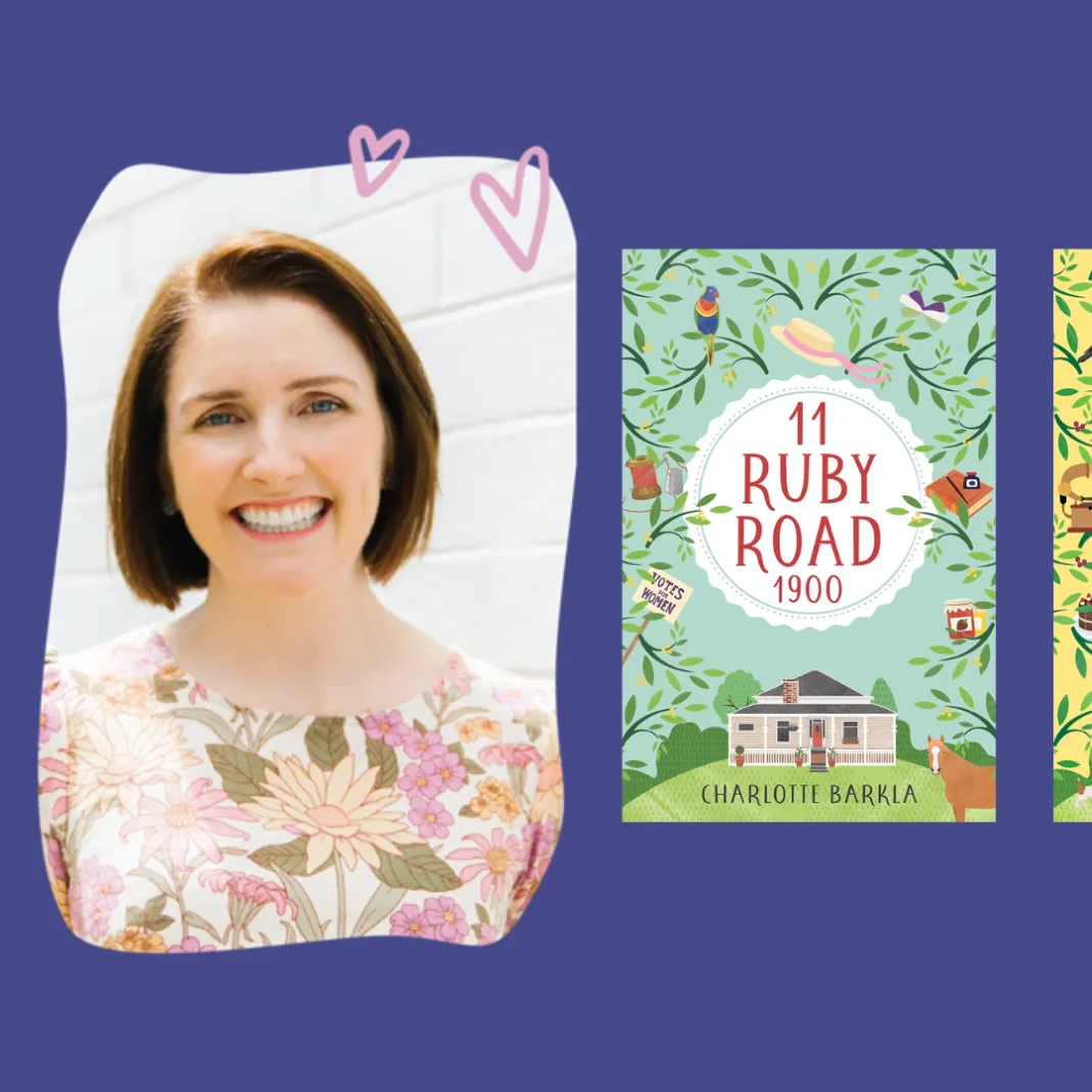 Charlotte Barkla next to the covers of her books '11 Ruby Road 1900', '11 Ruby Road 1925', and '11 Ruby Road 1950'