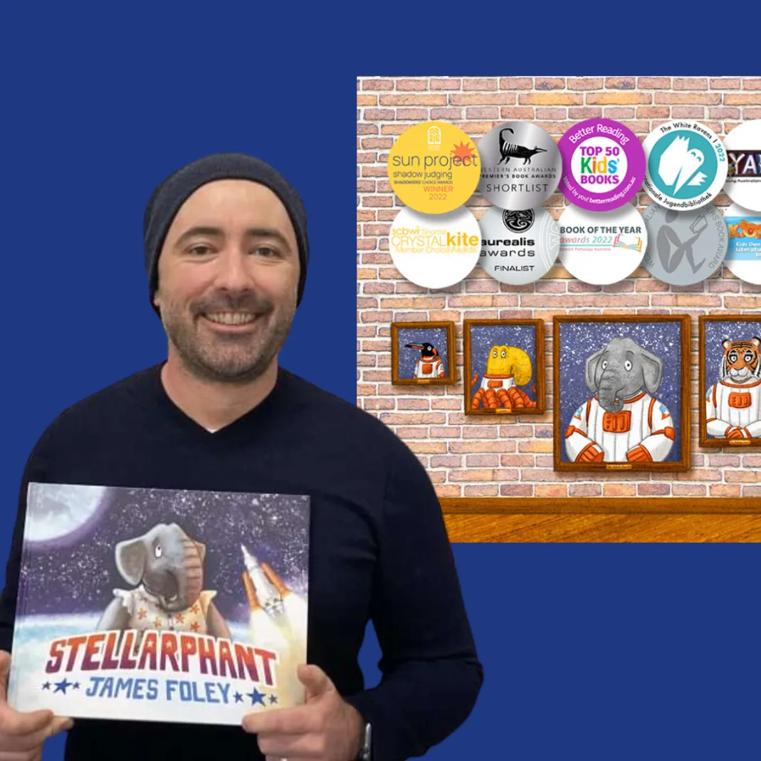 A photo of James Foley next to a line up of awards for his book 'Stellarphant'.