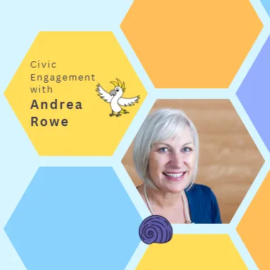 An image of Andrea Rowe in a hexagon, with other multicoloured hexagons around. There are a couple of drawings of shells and some text that reads 'Civic Engagement with Andrea Rowe'.