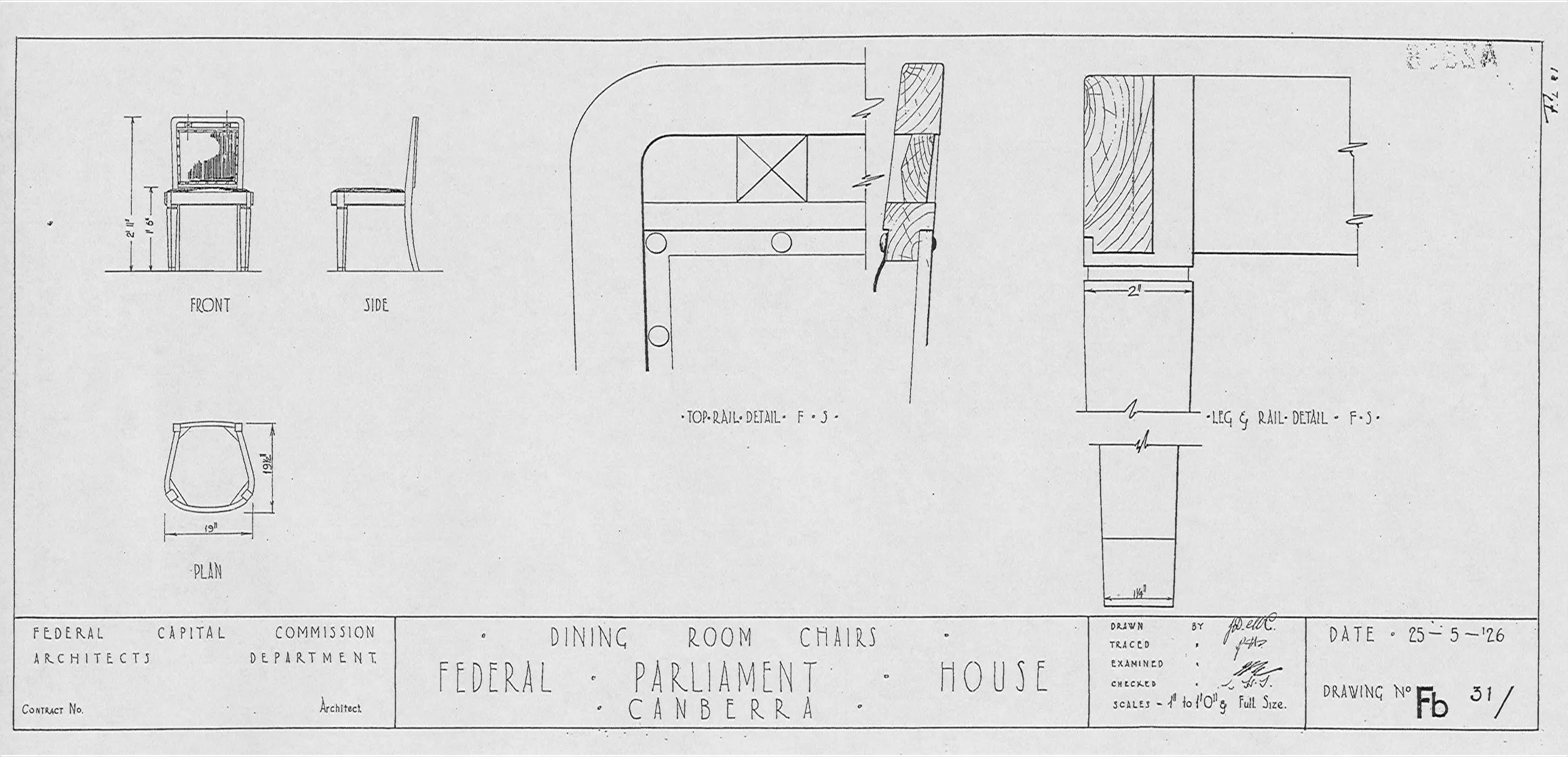 This technical drawing for the dining room chairs shows three views of the chairs – front, side and top – with the measurements shown in imperial measurements (ie, feet and inches). The plan also provides the details of the top rail and a chair leg. The subject matter of the drawing, the source and the drawing number, scale and processing are noted along the base of the plan.  