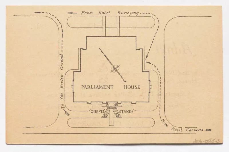 A brown ticket displaying an overlay of Parliament House indicating the entry way.