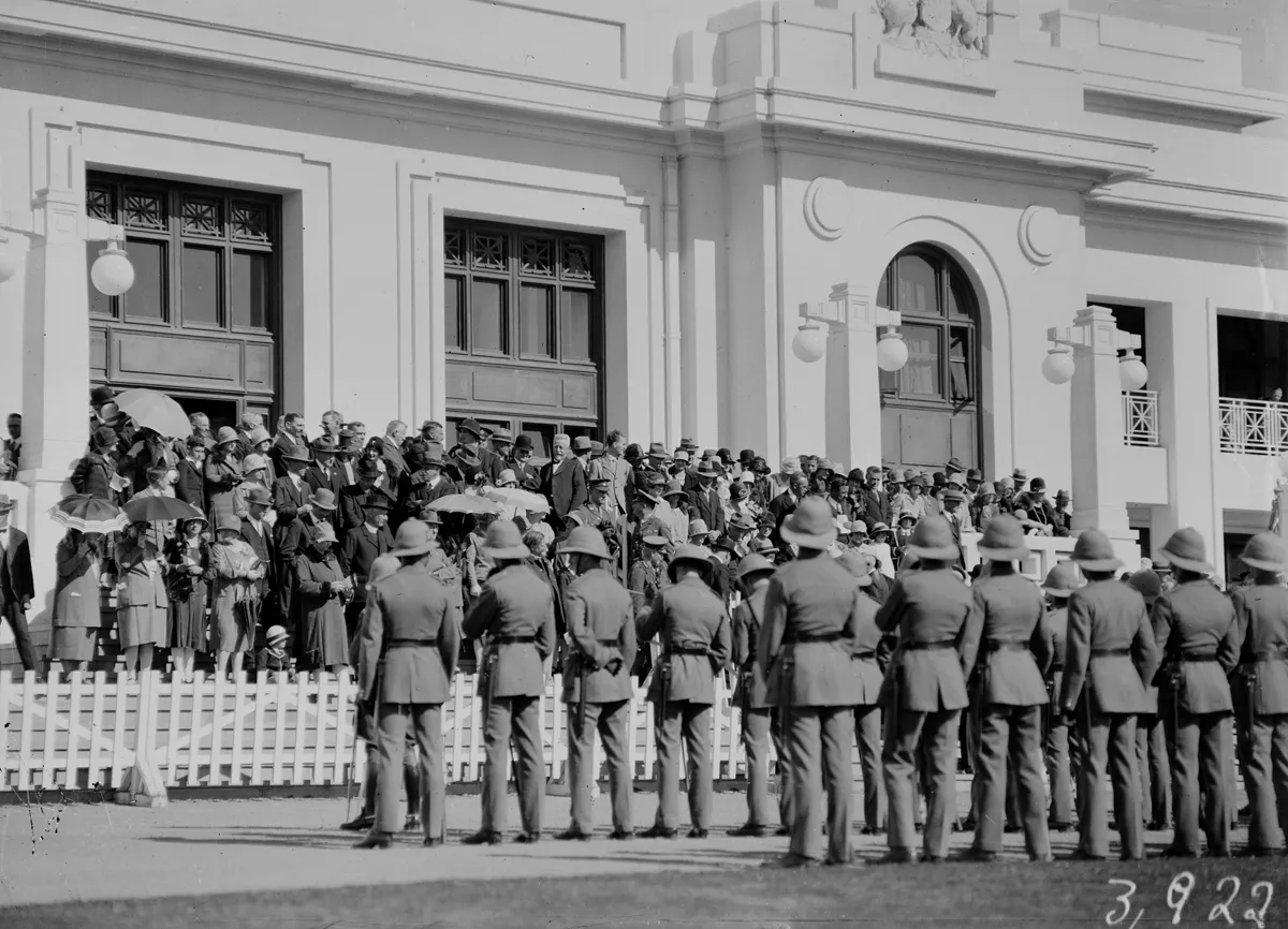  Duntroon Royal Military College Cadets on parade with a crowd out the front of Old Parliament House, Anzac Day 1928.