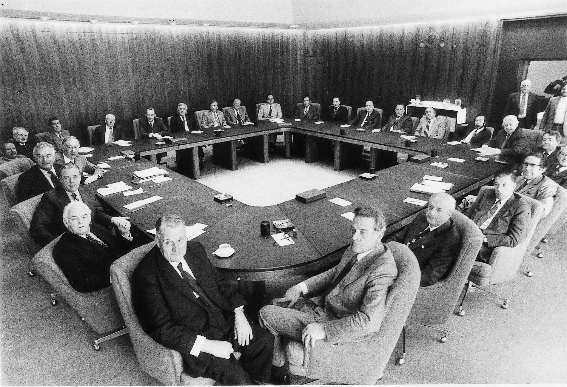 Gough Whitlam and his Cabinet sit at the Cabinet Table in the Cabinet Room at Old Parliament House. Gough Whitlam and his Cabinet sit at the Cabinet Table in the Cabinet Room at Old Parliament House.
