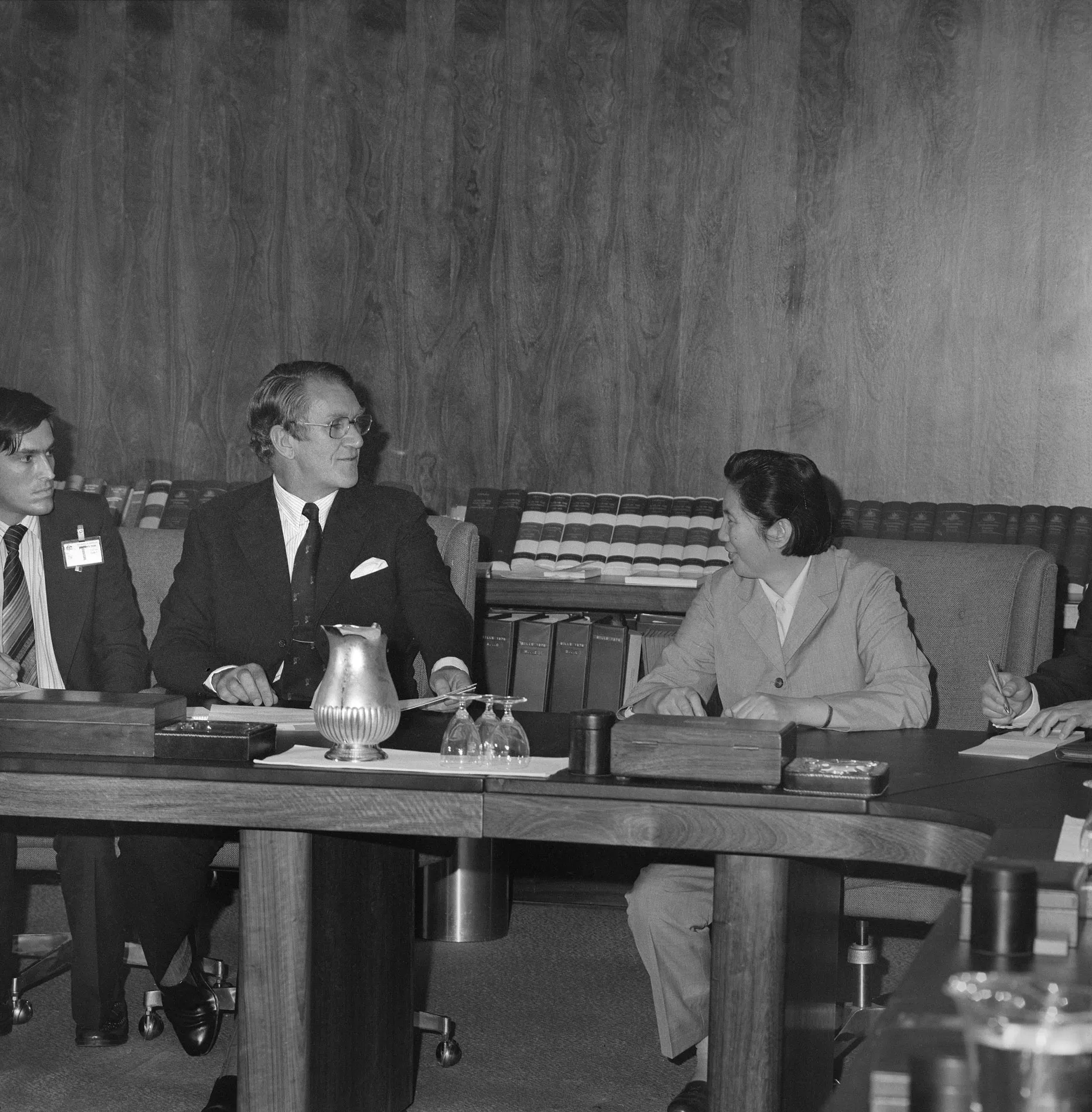 Malcolm Fraser and the Chinese Vice-Premier sit in the Cabinet Room at Old Parliament House. Malcolm Fraser and the Chinese Vice-Premier sit in the Cabinet Room at Old Parliament House.