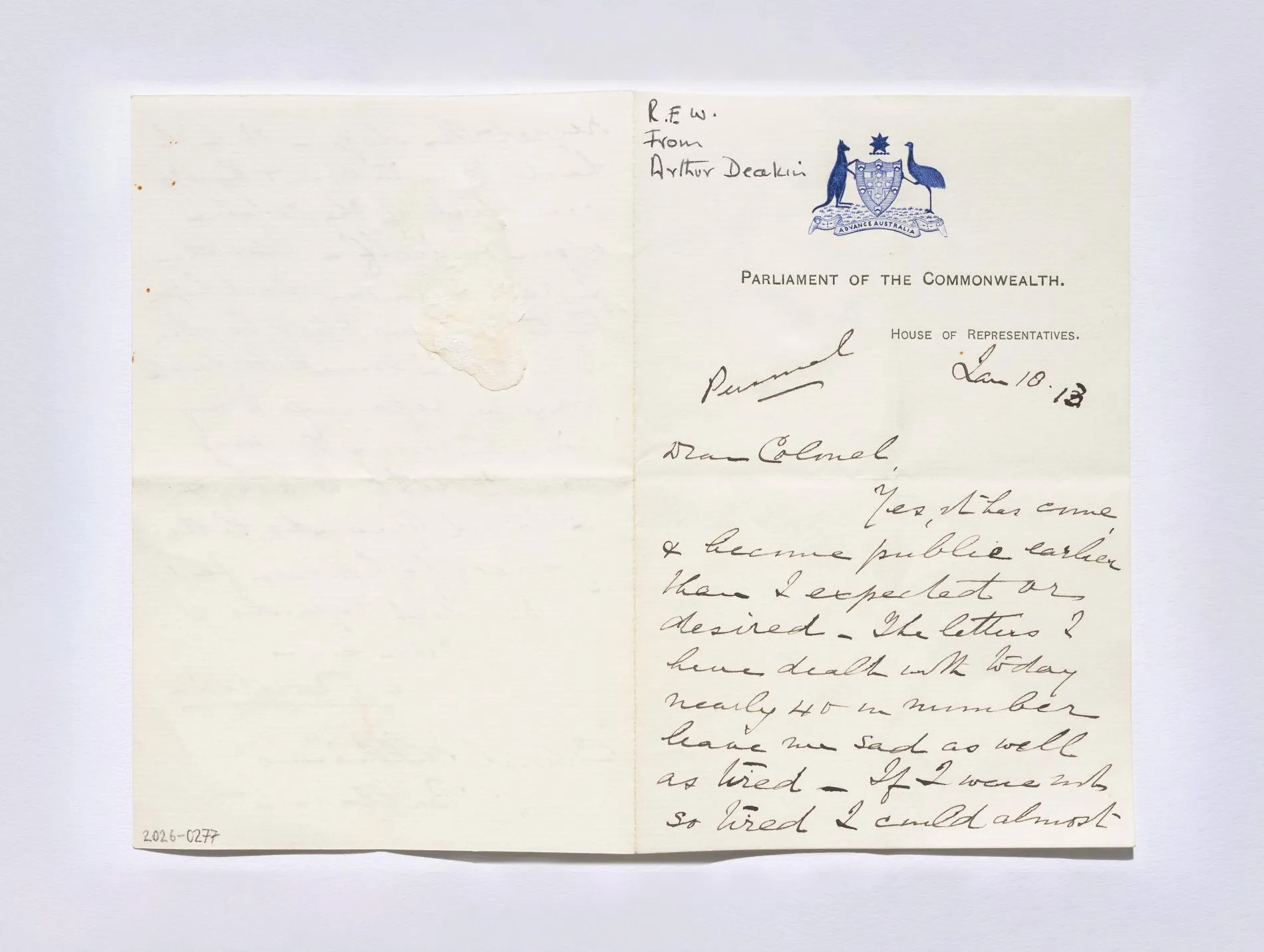 A letter from Deakin to Williams, the handwriting is old fashioned and cursive.
